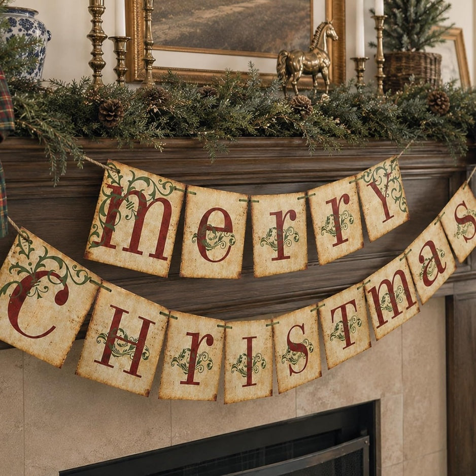 Merry Christmas banner hanging over a mantel