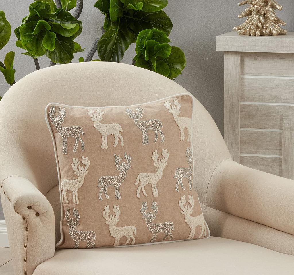 Hand-Beaded Reindeer Throw Pillow