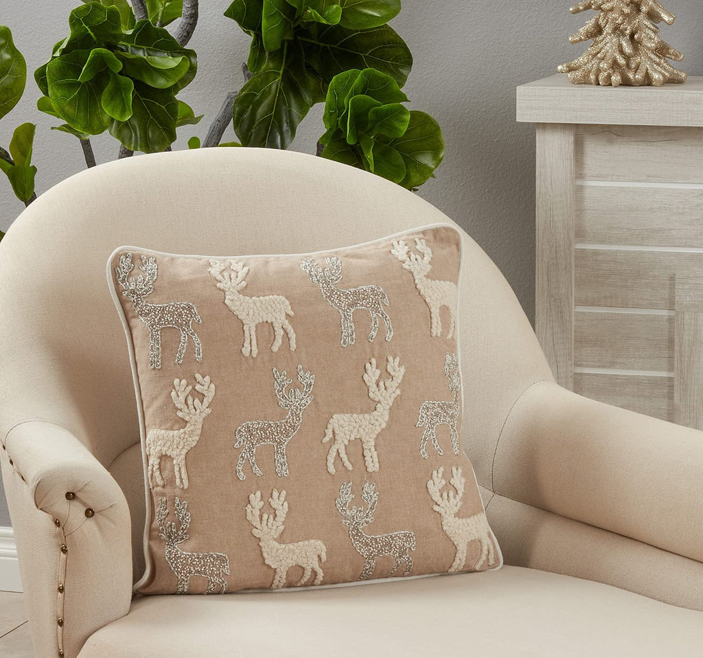 Hand-Beaded Reindeer Throw Pillow