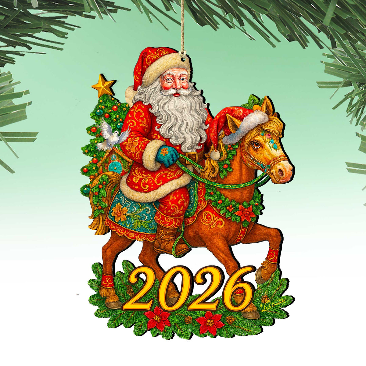 2026 Dated Santa on Horseback Wooden Ornament