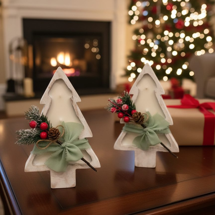 Christmas Tree Candle in Wood Bowl