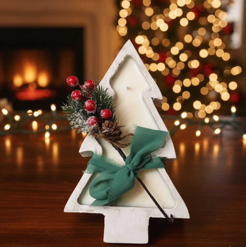 Christmas Tree Candle in Wood Bowl