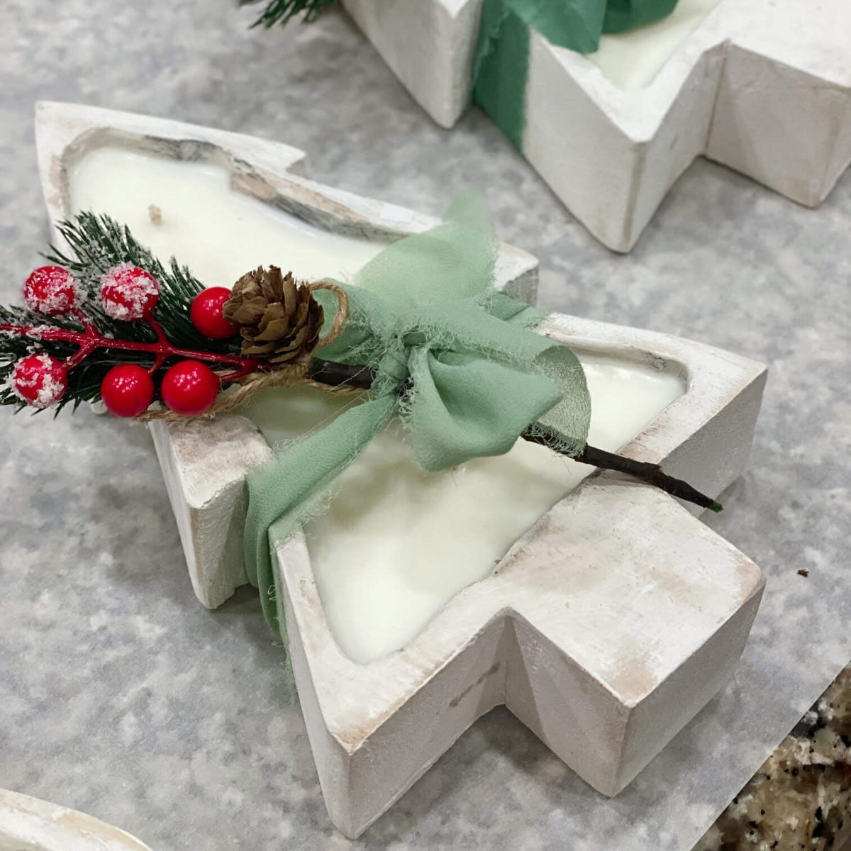 Christmas Tree Candle in Wood Bowl