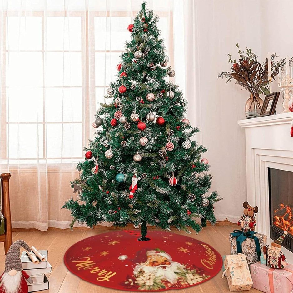 Red and gold tree skirt under a Christmas tree