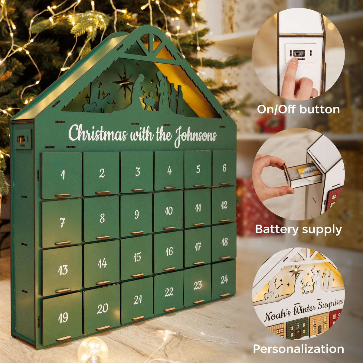 Handcrafted Wooden Advent Calendar, Evergreen