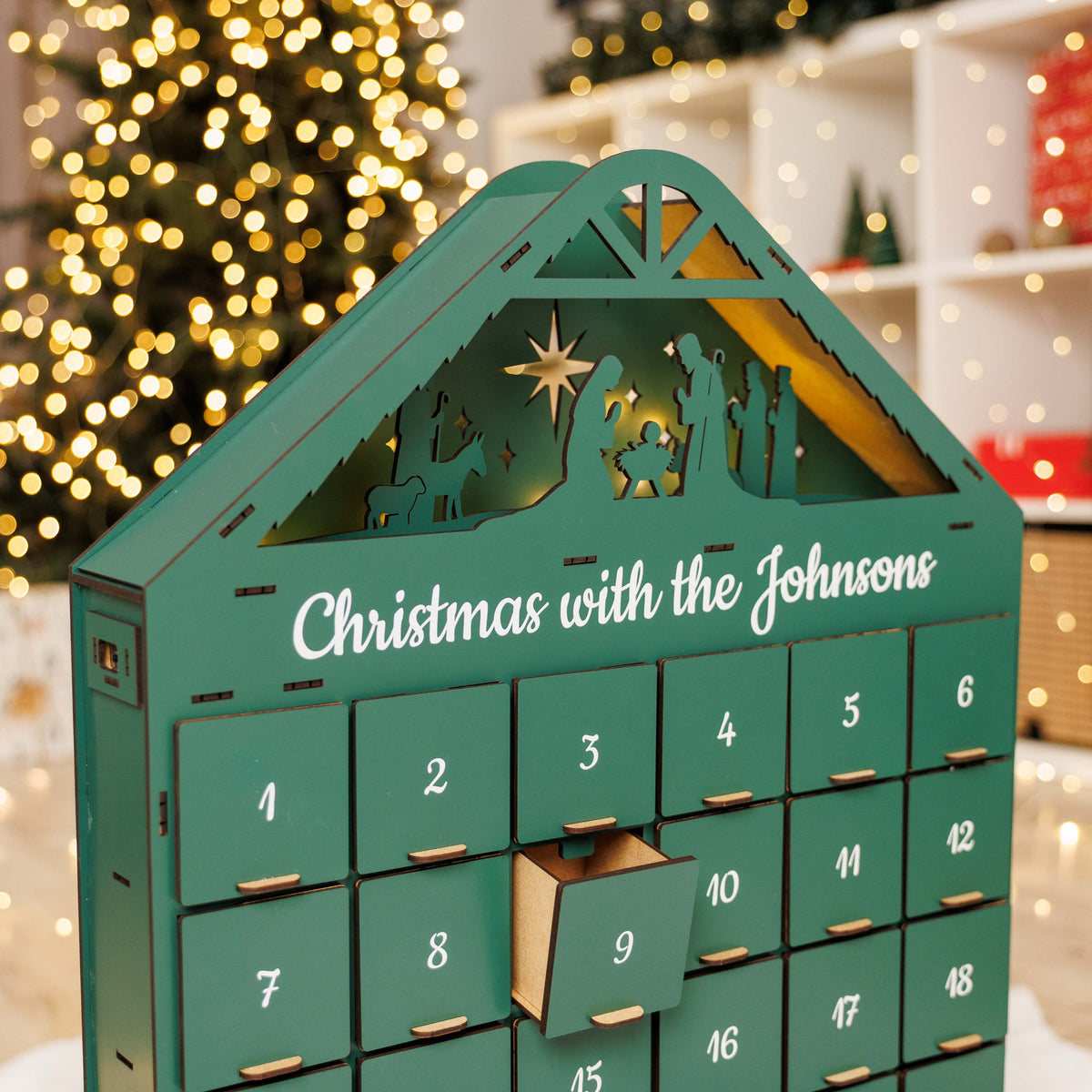 Handcrafted Wooden Advent Calendar, Evergreen