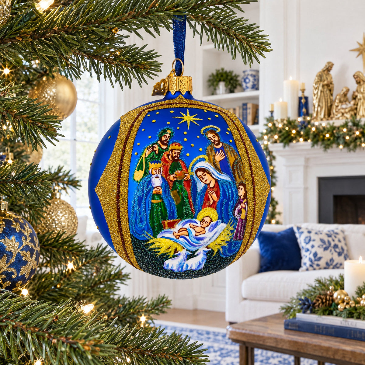 Sacred Nativity Hand-Painted Glass Ornament, 4"