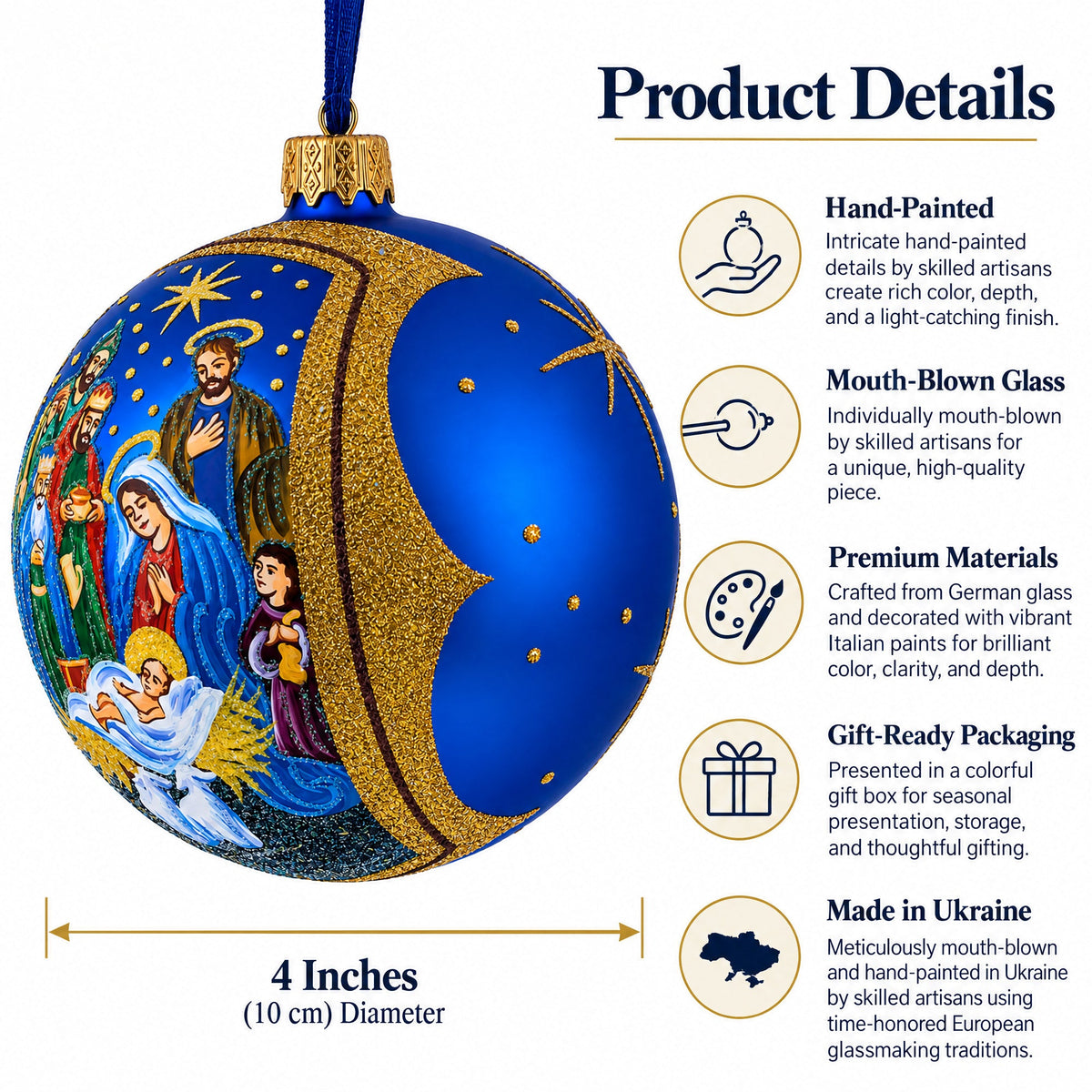 Sacred Nativity Hand-Painted Glass Ornament, 4"